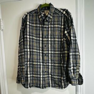 L. L. Bean Mens XL Reg Flannel Plaid Gray Black Yellow Button Up. Thick Warm.